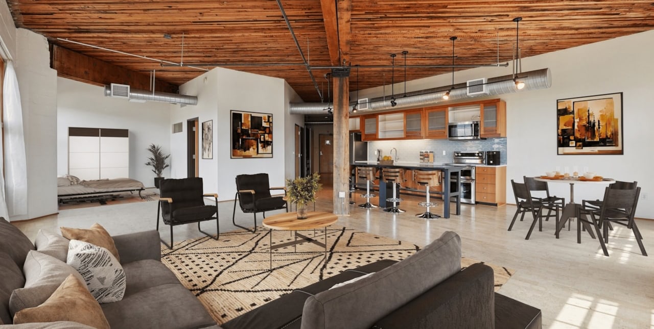 Marshall Wells loft interior with exposed timber beams